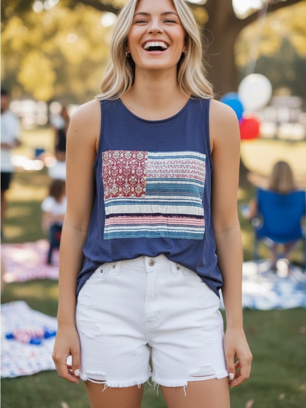 Lucky Brand Navy Sleeveless Tank with Multicolor Patchwork Front